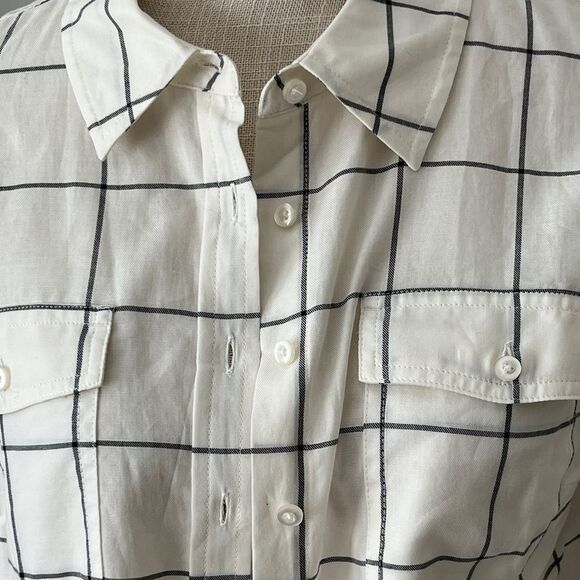 Talbots Petites Ivory and Charcoal Checkered Cotton Button up Blouse MP NWT - Picture 4 of 8